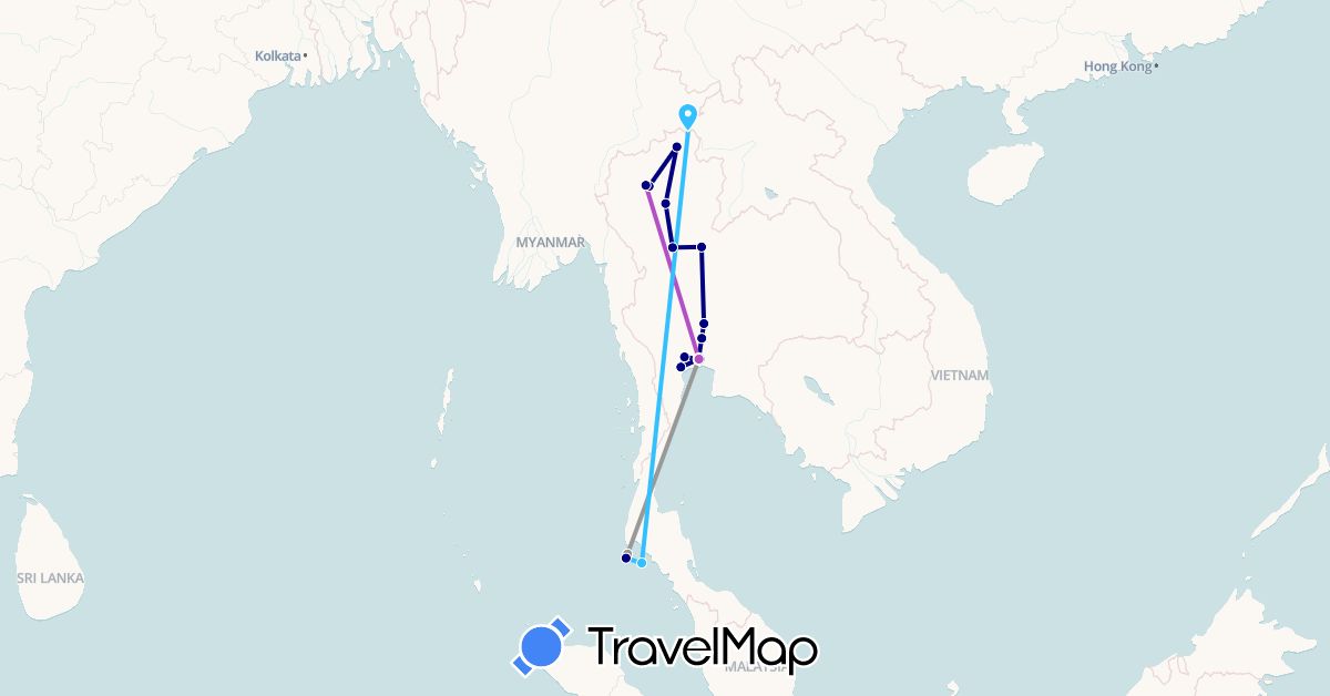 TravelMap itinerary: driving, plane, train, boat in Laos, Thailand (Asia)